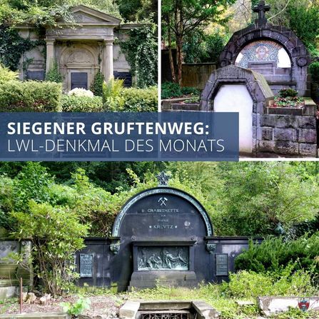 Der Siegener Gruftenweg auf dem Lindenbergfriedhof. Angelegt wurde die Begräbnisstätte Ende des 19 Jahrhunderts. Auf einer Strecke von 280 Metern reihen sich 60 teils kunstvoll gestaltete Gruften aneinander. 